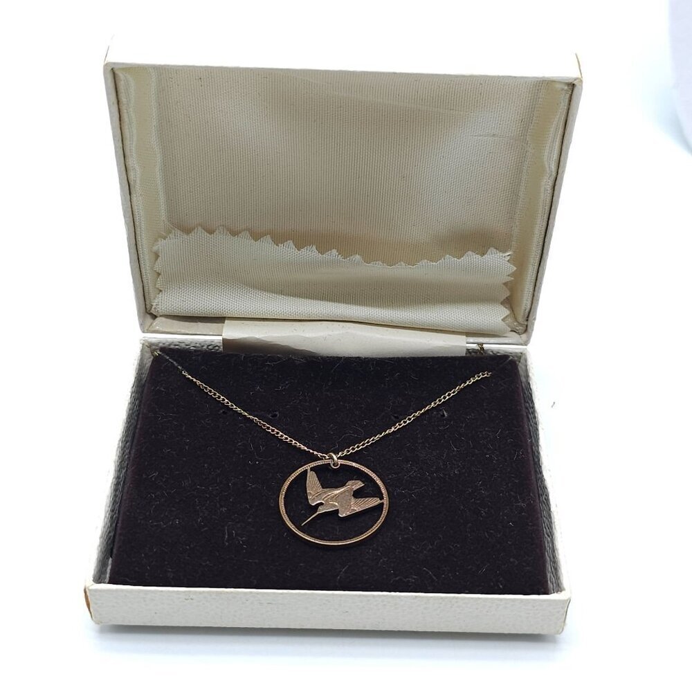 12k Gold Filled Coin Bird Cut Out Coin Necklace Pendant With Chain In Box